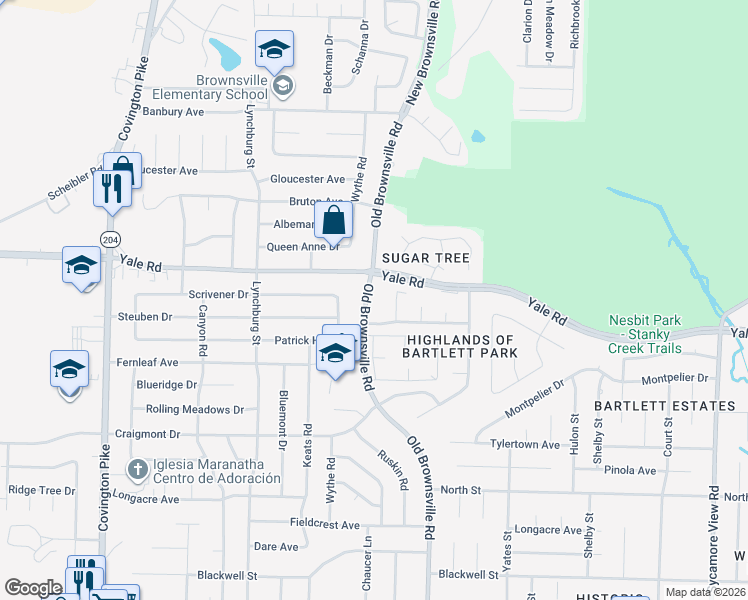 map of restaurants, bars, coffee shops, grocery stores, and more near 3446 Old Brownsville Road in Bartlett