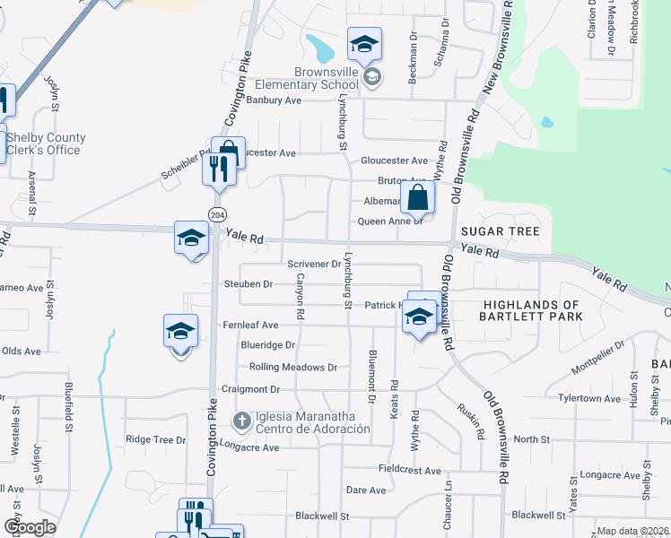 map of restaurants, bars, coffee shops, grocery stores, and more near 5227 Scrivener Drive in Memphis