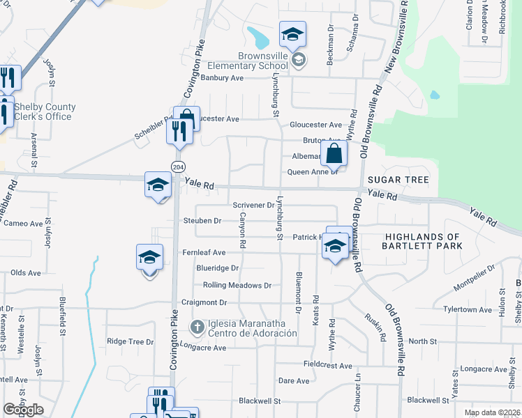 map of restaurants, bars, coffee shops, grocery stores, and more near 5227 Scrivener Drive in Memphis