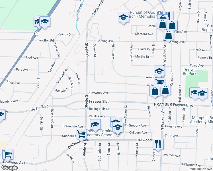 map of restaurants, bars, coffee shops, grocery stores, and more near 1551 Gowan Drive in Memphis