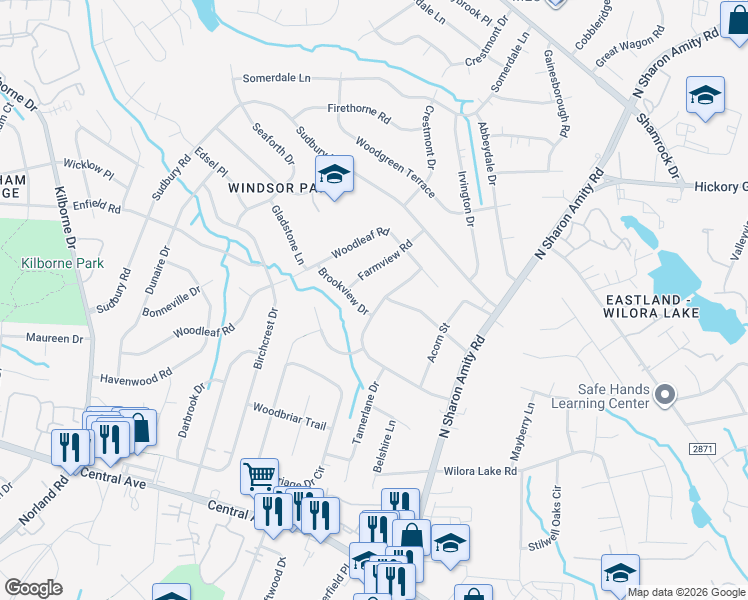 map of restaurants, bars, coffee shops, grocery stores, and more near 5024 Auburndale Road in Charlotte