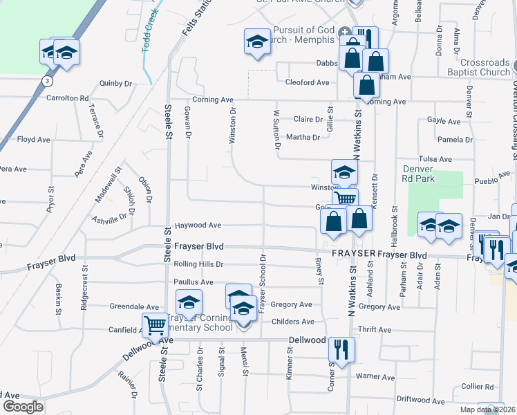 map of restaurants, bars, coffee shops, grocery stores, and more near 1631 Gowan Drive in Memphis