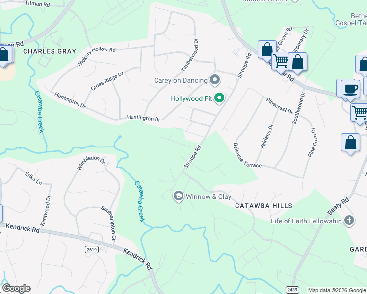 map of restaurants, bars, coffee shops, grocery stores, and more near 504 Stroupe Road in Gastonia