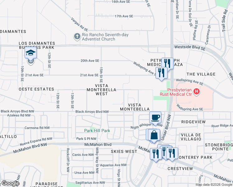 map of restaurants, bars, coffee shops, grocery stores, and more near 1620 22nd Avenue Southeast in Rio Rancho