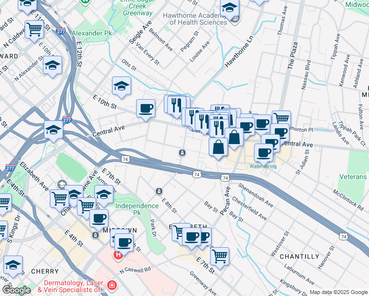map of restaurants, bars, coffee shops, grocery stores, and more near 808 Hawthorne Lane in Charlotte