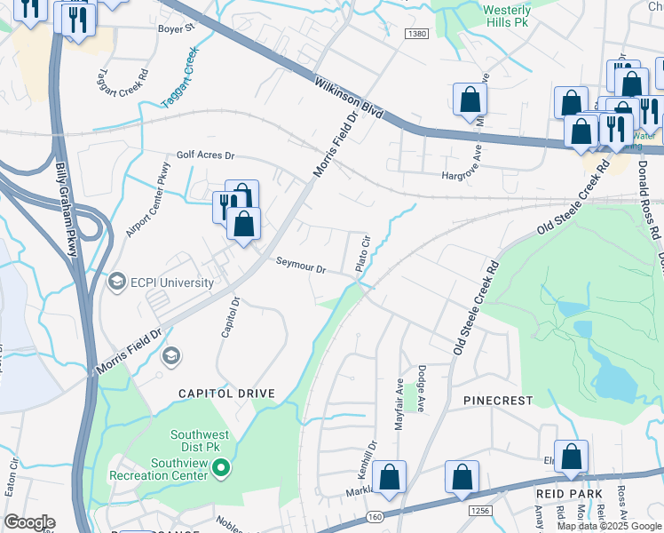 map of restaurants, bars, coffee shops, grocery stores, and more near 3112 Seymour Drive in Charlotte