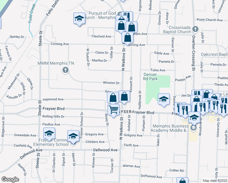 map of restaurants, bars, coffee shops, grocery stores, and more near 1774 Gowan Drive in Memphis