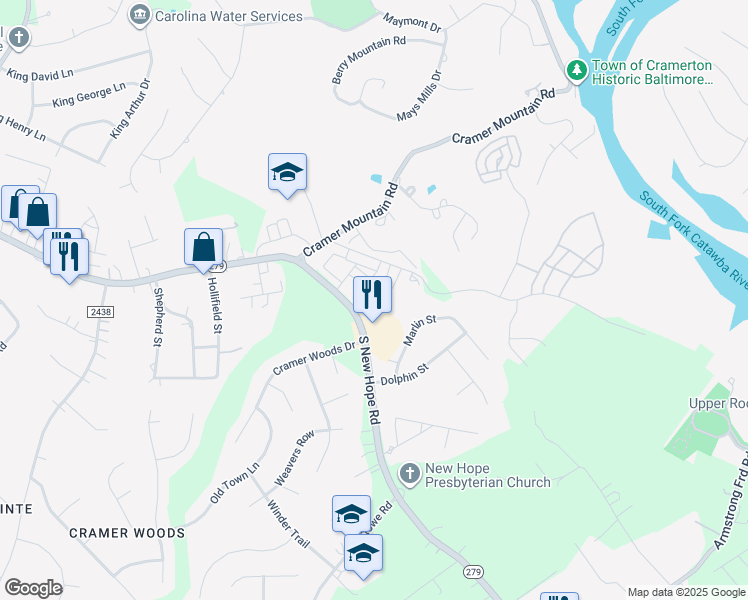 map of restaurants, bars, coffee shops, grocery stores, and more near 4241 South New Hope Road in Gastonia