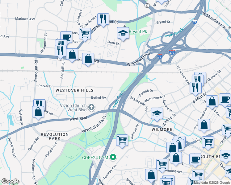 map of restaurants, bars, coffee shops, grocery stores, and more near 2114 Barringer Drive in Charlotte