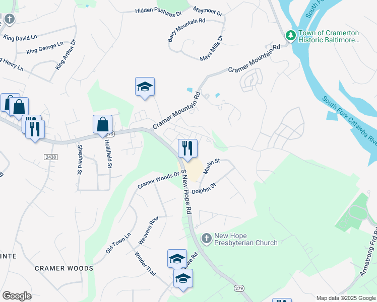 map of restaurants, bars, coffee shops, grocery stores, and more near 4241 South New Hope Road in Gastonia