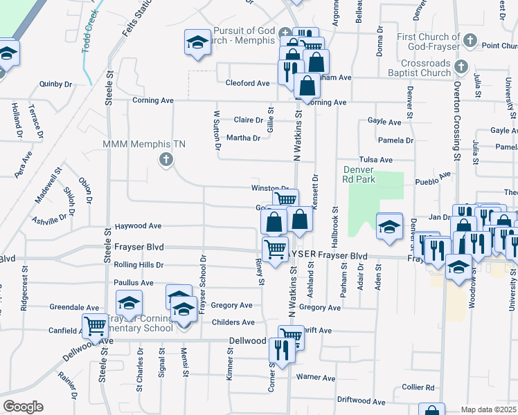 map of restaurants, bars, coffee shops, grocery stores, and more near 1749 Gowan Drive in Memphis