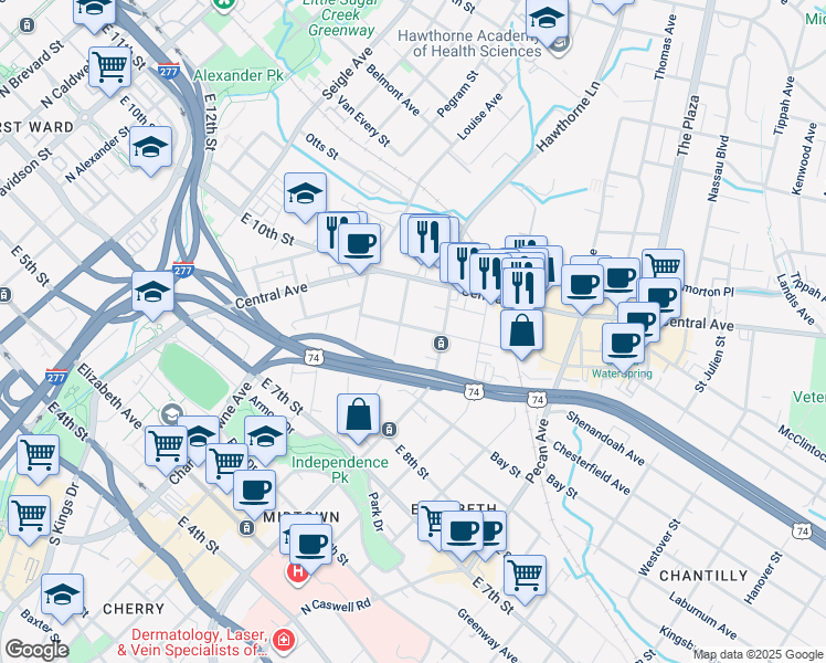 map of restaurants, bars, coffee shops, grocery stores, and more near 1610 Sunnyside Avenue in Charlotte