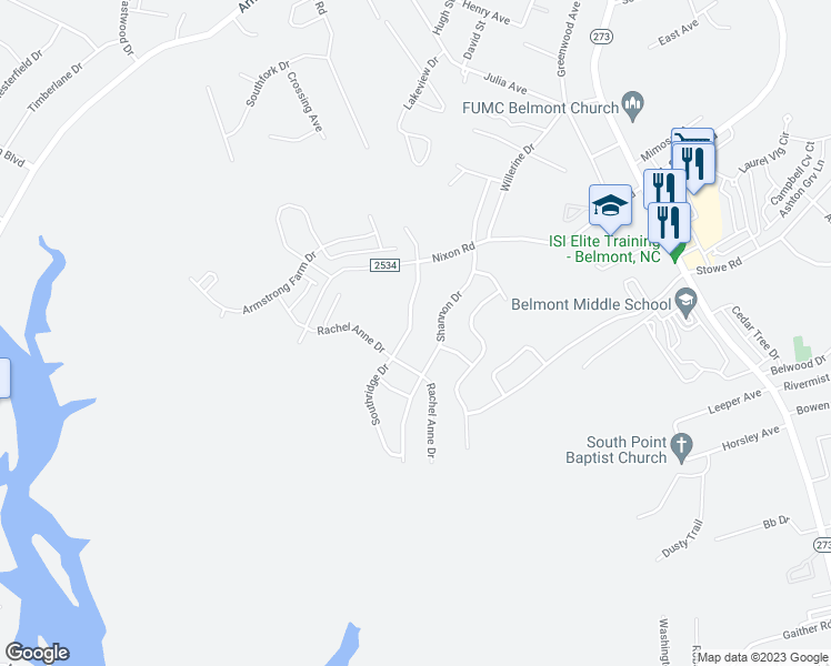 map of restaurants, bars, coffee shops, grocery stores, and more near 1937 Southridge Drive in Belmont