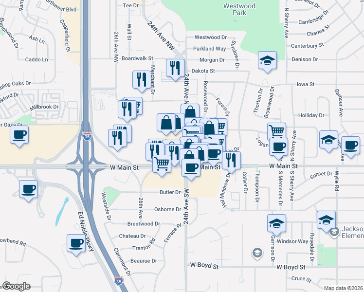map of restaurants, bars, coffee shops, grocery stores, and more near 2417 W Main St in Norman