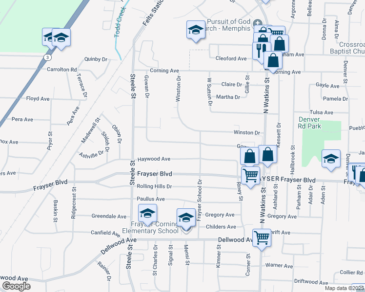 map of restaurants, bars, coffee shops, grocery stores, and more near 1593 Gowan Drive in Memphis