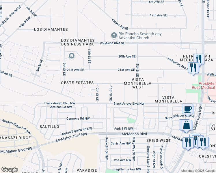 map of restaurants, bars, coffee shops, grocery stores, and more near 2307 13th Street Southeast in Rio Rancho