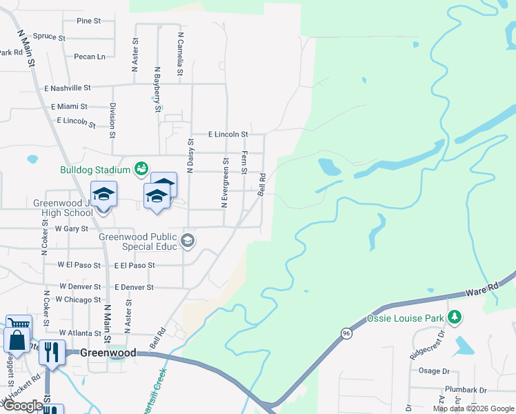 map of restaurants, bars, coffee shops, grocery stores, and more near 526 Bell Road in Greenwood
