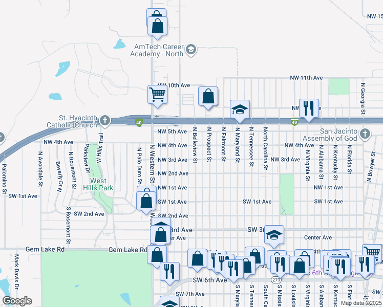 map of restaurants, bars, coffee shops, grocery stores, and more near 306 North Forest Street in Amarillo