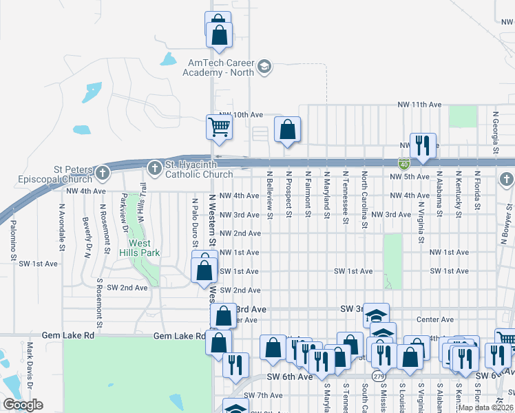 map of restaurants, bars, coffee shops, grocery stores, and more near 306 North Forest Street in Amarillo