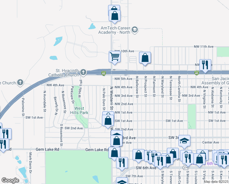 map of restaurants, bars, coffee shops, grocery stores, and more near 307 North Independence Street in Amarillo