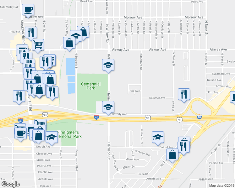 map of restaurants, bars, coffee shops, grocery stores, and more near 3300 Harrison Street in Kingman