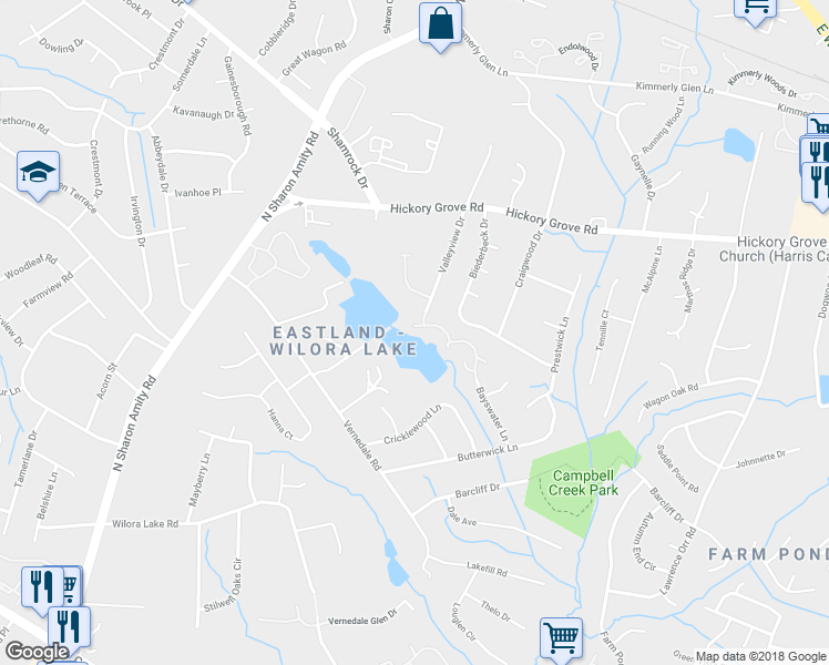 map of restaurants, bars, coffee shops, grocery stores, and more near 5114 Fair Wind Lane in Charlotte
