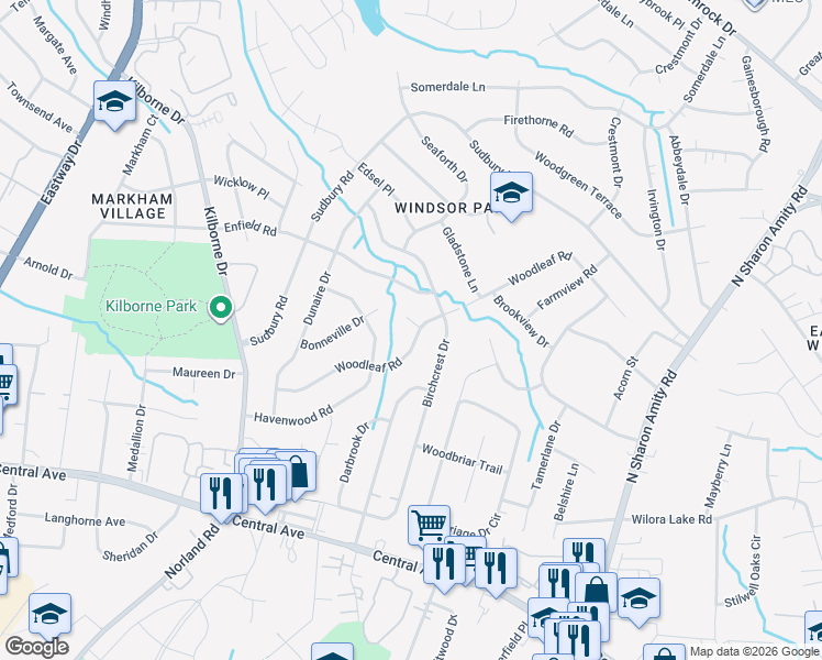 map of restaurants, bars, coffee shops, grocery stores, and more near 2113 Amboy Court in Charlotte