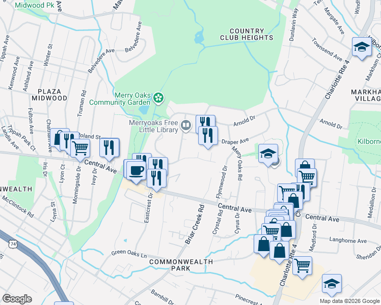 map of restaurants, bars, coffee shops, grocery stores, and more near 1824 Graybark Avenue in Charlotte