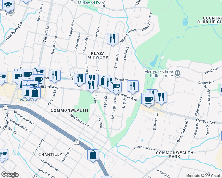 map of restaurants, bars, coffee shops, grocery stores, and more near 1617 Club Road in Charlotte