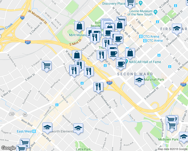 map of restaurants, bars, coffee shops, grocery stores, and more near 309 East Morehead Street in Charlotte