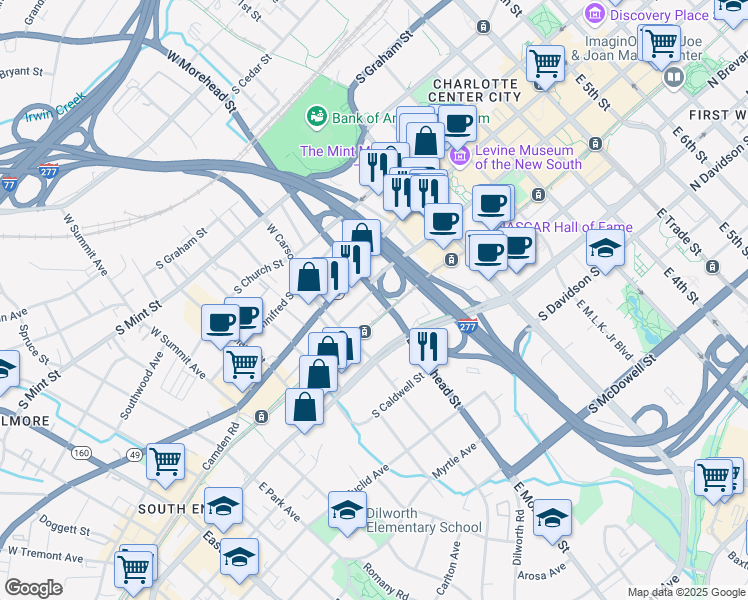 map of restaurants, bars, coffee shops, grocery stores, and more near 1001 Morehead Square Drive in Charlotte
