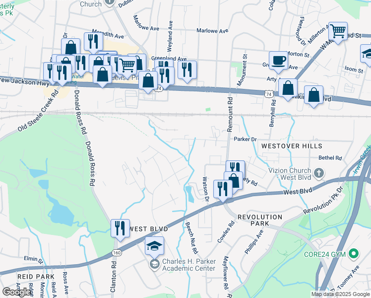 map of restaurants, bars, coffee shops, grocery stores, and more near 1405 Diamond Grove Lane in Charlotte