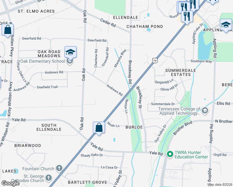 map of restaurants, bars, coffee shops, grocery stores, and more near 7257 Andrews Road in Memphis