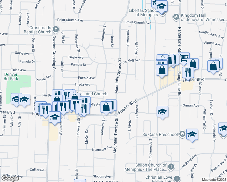 map of restaurants, bars, coffee shops, grocery stores, and more near 3461 Mountain Terrace Street in Memphis