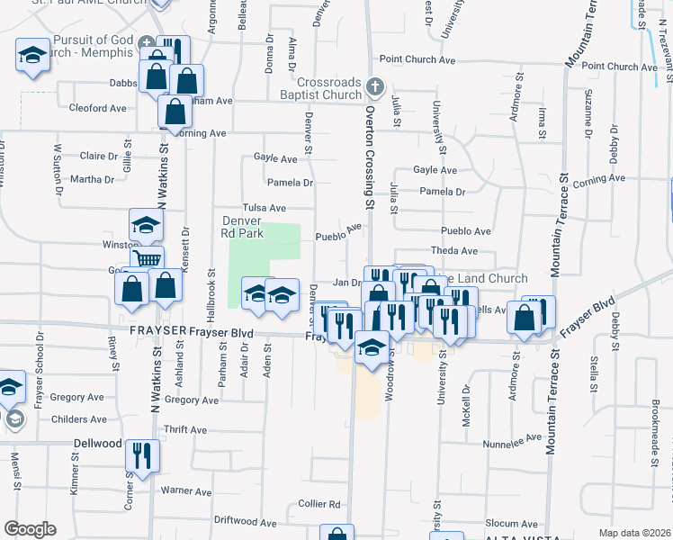 map of restaurants, bars, coffee shops, grocery stores, and more near 3462 Denver Street in Memphis