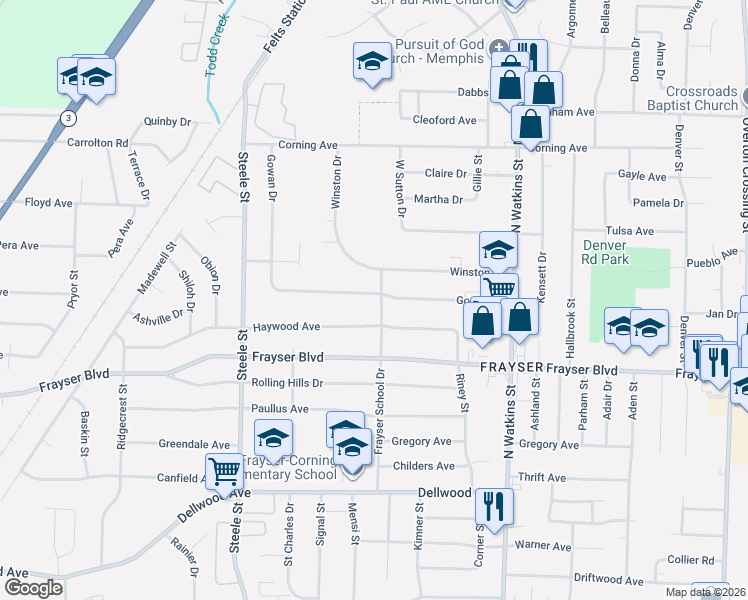 map of restaurants, bars, coffee shops, grocery stores, and more near 1631 Gowan Drive in Memphis