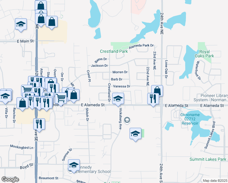 map of restaurants, bars, coffee shops, grocery stores, and more near 1902 Vanessa Drive in Norman