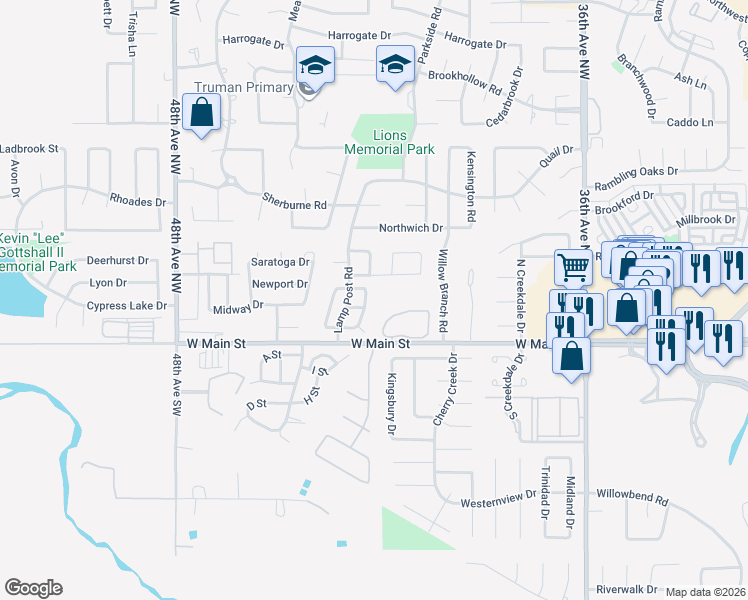 map of restaurants, bars, coffee shops, grocery stores, and more near 209 Monticello Road in Norman