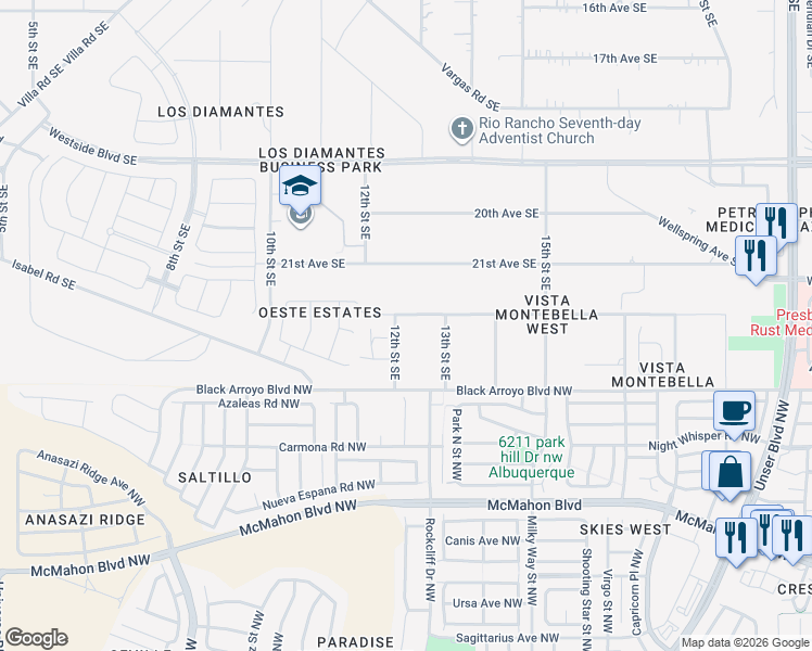 map of restaurants, bars, coffee shops, grocery stores, and more near 2304 12th Street Southeast in Rio Rancho