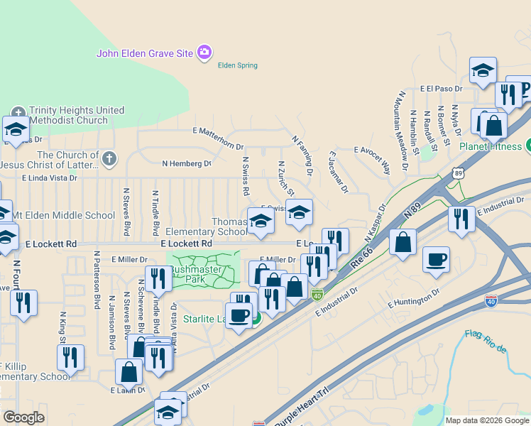 map of restaurants, bars, coffee shops, grocery stores, and more near 3335 East Swiss Road in Flagstaff