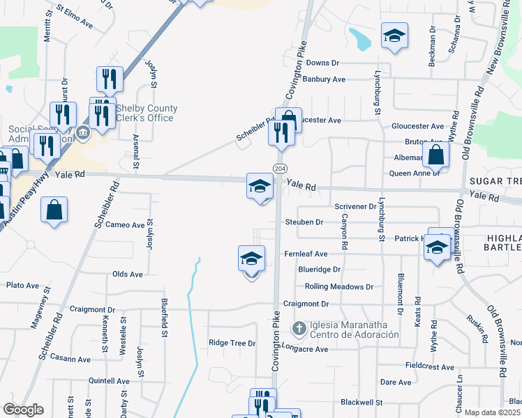 map of restaurants, bars, coffee shops, grocery stores, and more near 3435 Covington Pike in Memphis