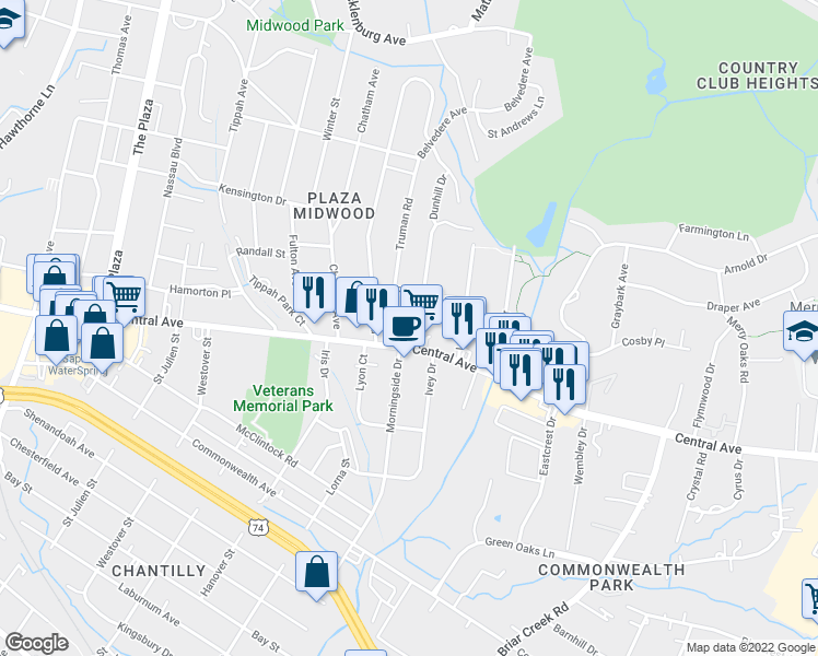 map of restaurants, bars, coffee shops, grocery stores, and more near 1618 Morningside Drive in Charlotte