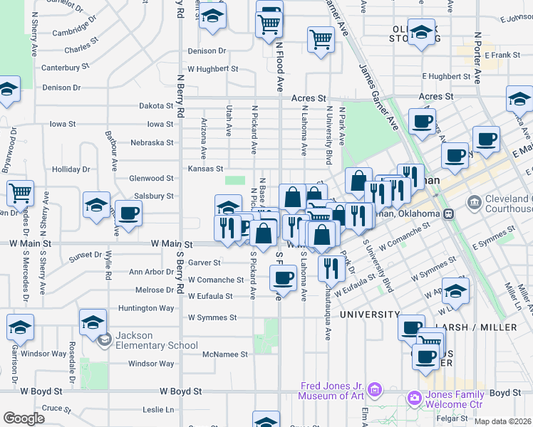 map of restaurants, bars, coffee shops, grocery stores, and more near 218 North Flood Avenue in Norman