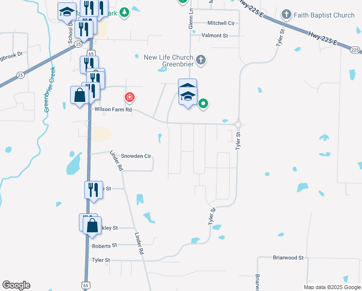 map of restaurants, bars, coffee shops, grocery stores, and more near 32 Golden Leaf Drive in Greenbrier