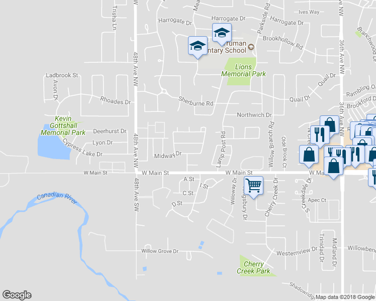map of restaurants, bars, coffee shops, grocery stores, and more near 4421 Midway Drive in Norman