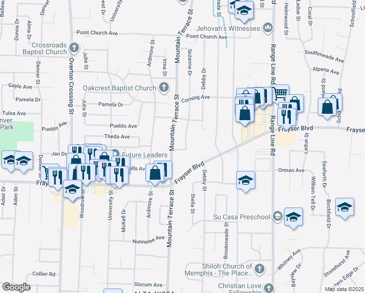 map of restaurants, bars, coffee shops, grocery stores, and more near 3457 Suzanne Drive in Memphis