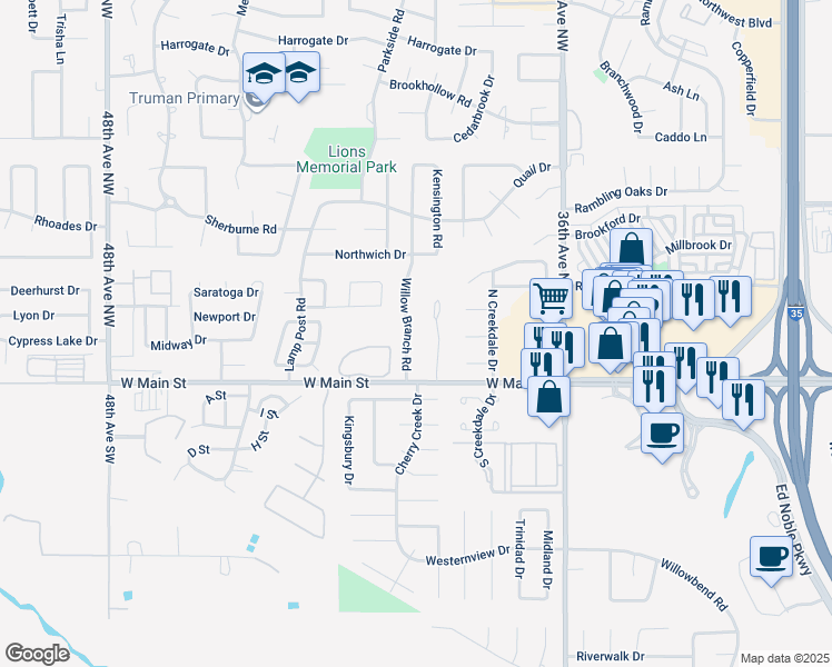 map of restaurants, bars, coffee shops, grocery stores, and more near 203 Willow Branch Road in Norman