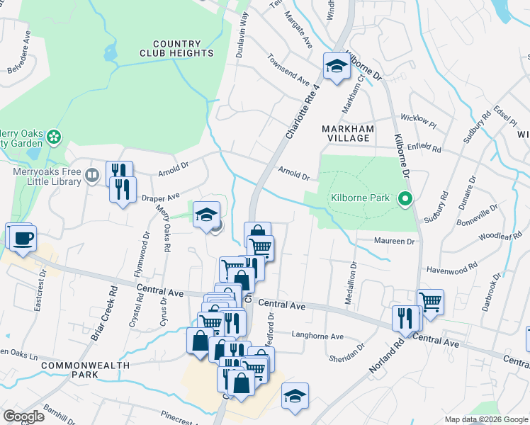 map of restaurants, bars, coffee shops, grocery stores, and more near 2749 Eastway Drive in Charlotte