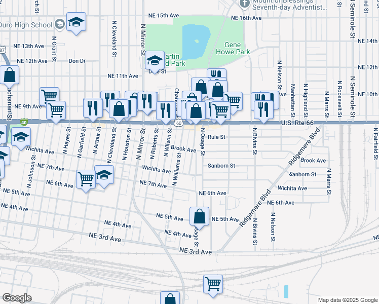 map of restaurants, bars, coffee shops, grocery stores, and more near 733 North Aldredge Street in Amarillo