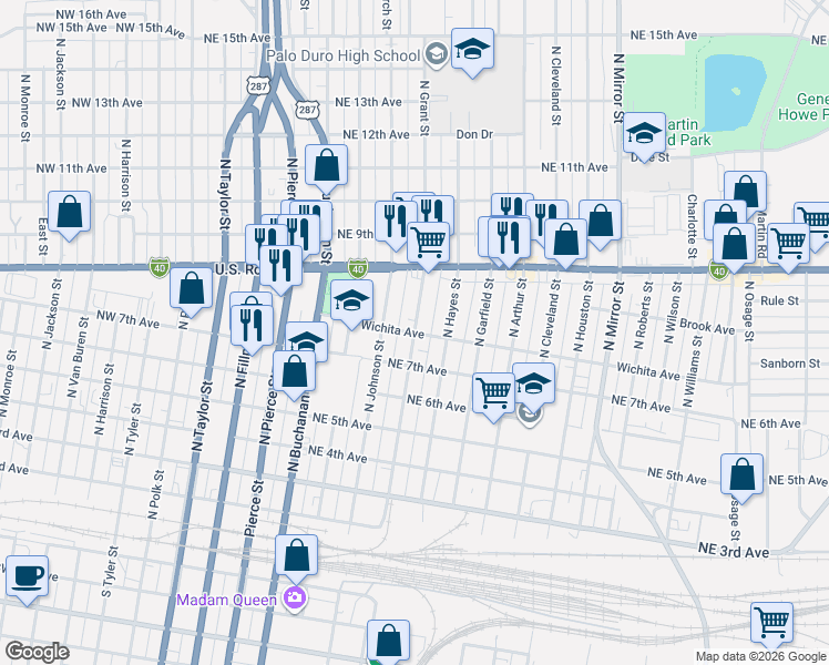 map of restaurants, bars, coffee shops, grocery stores, and more near 799 Wichita Avenue in Amarillo